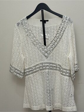 Boston Proper White Eyelet Tunic with Silver Bead Trim